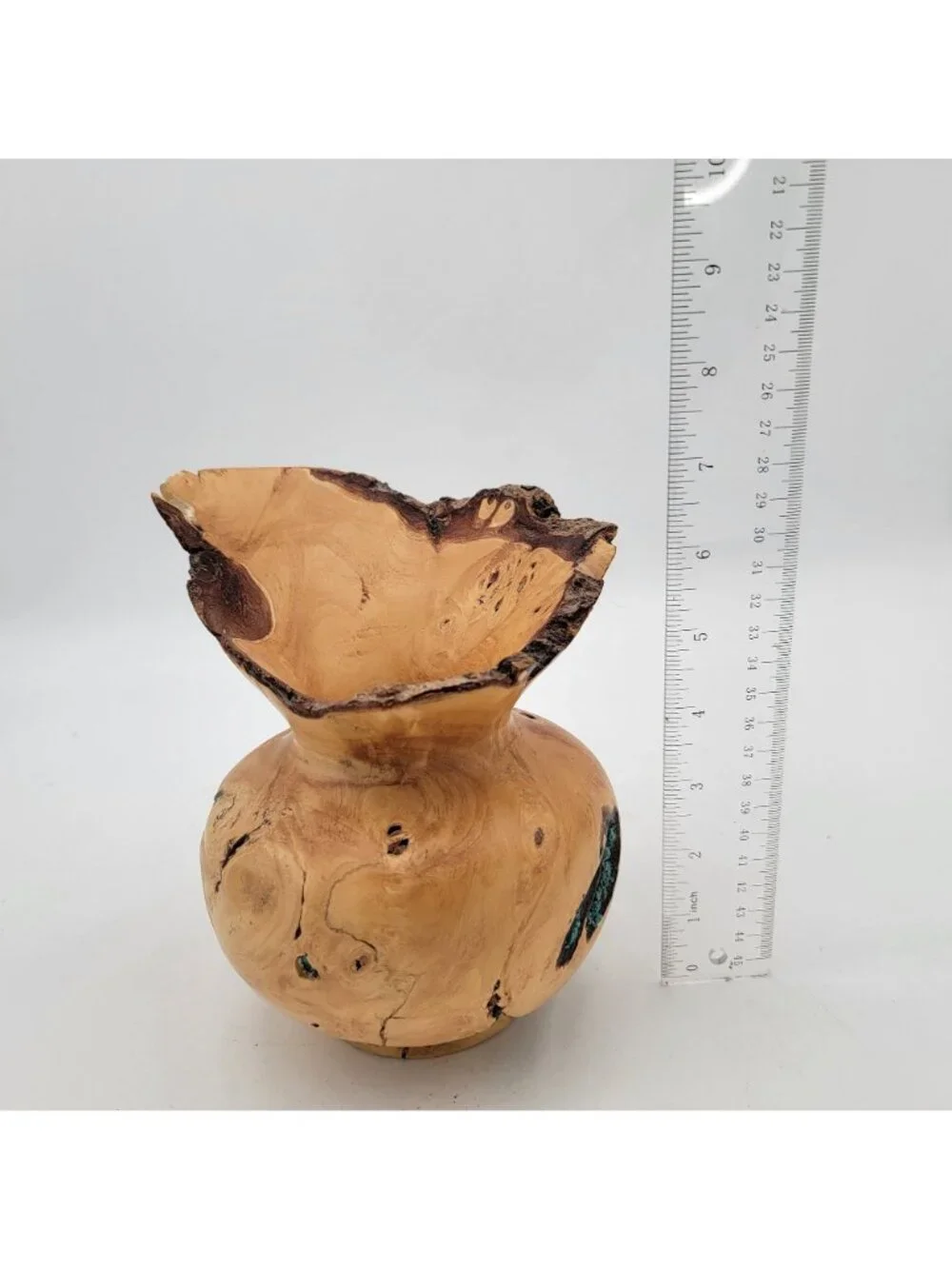 Natural Raw Edge Burl Wood Vase With Turquoise Inlay Handcrafted
